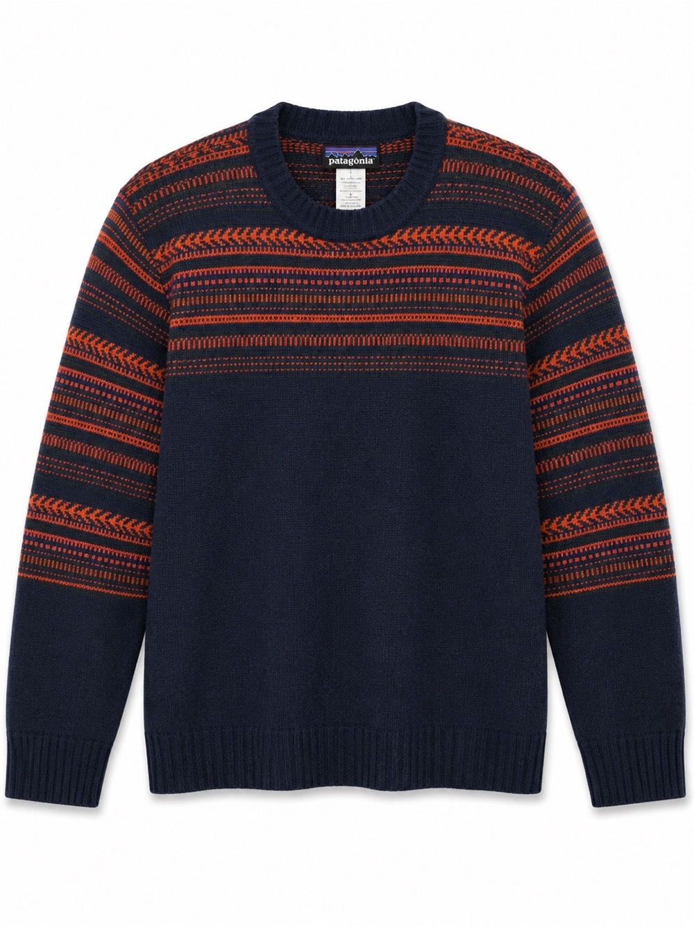 Patagonia Mens Nordic Crew Sweater Small Navy Orange Lambswool Fair Isle 51065